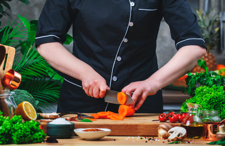 Chef cuts carrots into wheels with santoku knife. Cozy kitchen with wooden table, kitchenware, vegetables, herbs and ingredients for cooking. Healthy vegan food, culinary, recipes, food bloggingの写真素材