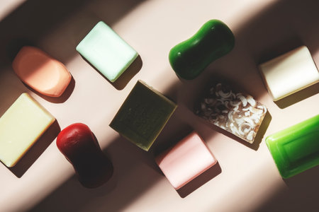 Set of colorful toilet moisturizing soap on pink background. Hard light, shadows, top view