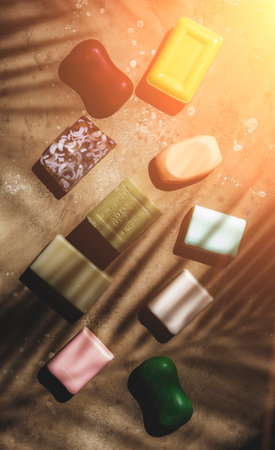 Assortment of solid toilet moisturizing soap on beige background. Hard light, shadows, top viewの写真素材