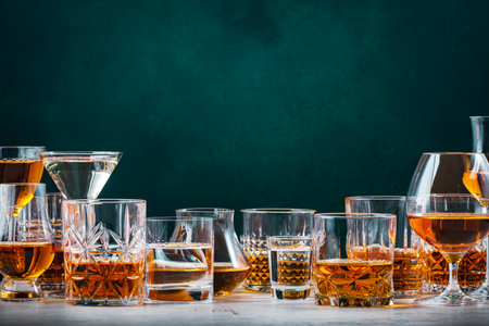 Strong hard alcoholic drinks, spirits, liqueurs, distillates, whiskey and others. Drink background...
