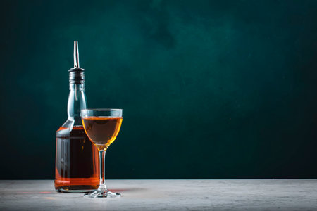 Spanish sherry brandy in glass with bottle on dark green background