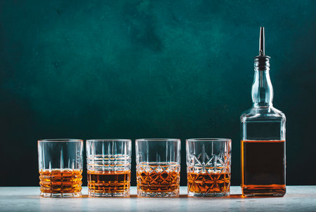 Single malt scotch whiskey in glasses with bottle on dark green backgroundの写真素材