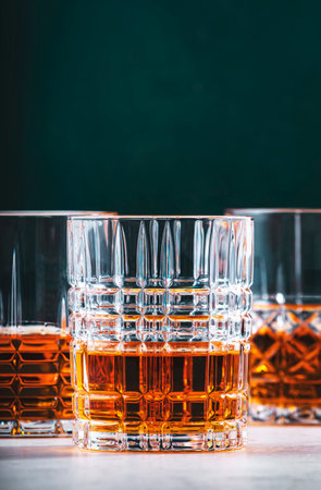 Blended Scotch whiskey glasses on dark green backgroundの写真素材