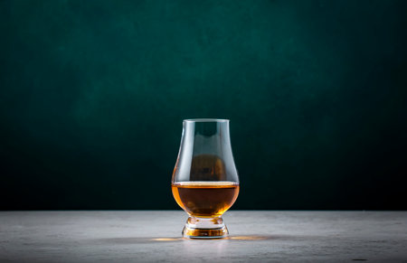 Single malt twelve year old Scotch whiskey in glencairn glass on dark green backgroundの写真素材