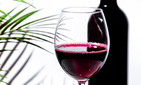 Red wine tempranillo in glass with bottle. White background, palm leaves shadows, hard light