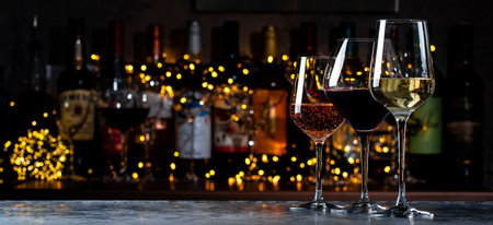 Wine glasses set. Red, white, rose wines on dark background with bottles. Wine bar, shop, tastingの写真素材