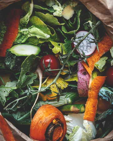 Sorted kitchen food waste in paper eco friendly bag for compost. Sustainable life style, plastic free. Vegetable and fruit peels, scraps from meal preparation close-upの写真素材