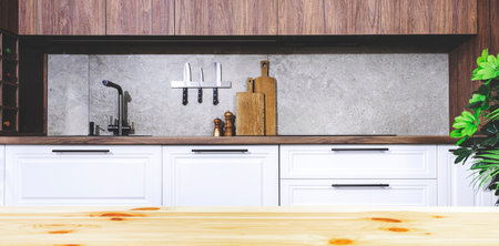 Cozy white and wood kitchen interior with wooden table, modern classic, with induction hob, black sink and furniture fittings, wine bottle holder, knife magnet, kitchen utensils and cookware. Real photoの写真素材