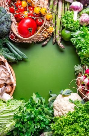 Fresh organic vegetables, mushrooms, and herbs from local farmers market. Summer green vegan food background. From farm to kitchen homegrown produceの写真素材