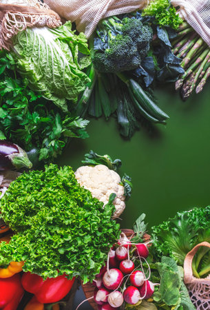 Fresh organic vegetables and herbs from local farmers market. Summer green vegan food background....