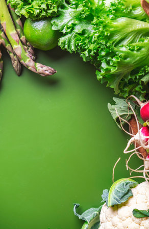 Fresh organic vegetables and herbs from local farmers market. Summer green vegan food background. From farm to kitchen homegrown produceの写真素材