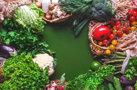 Fresh organic vegetables, mushrooms, and herbs from local farmers market. Summer green vegan food...