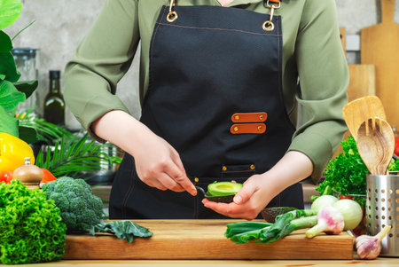 Chef cooking food in the kitchen. Cook shows how to peel avocado with spoon. Wooden table, kitchenware, vegetables, herbs and ingredients. Healthy vegan eating, recipes, bloggingの写真素材