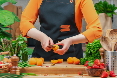 Chef cooking food in the kitchen. Cook cuts fresh apricots. Wooden table, kitchenware, vegetables, herbs and ingredients. Healthy vegan eating, recipes, bloggingの写真素材