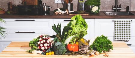 A variety of fresh vegetables and herbs sit in an eco-friendly bag on a kitchen table, ready for cooking nutritious meals.の写真素材