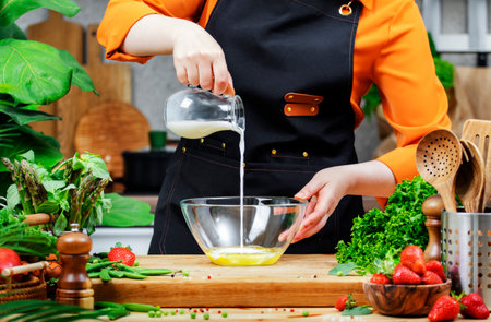 female chef in an orange shirt pours milk into a bowl of fresh ingredients, highlighting her culinary skills and healthy lifestyle.の写真素材