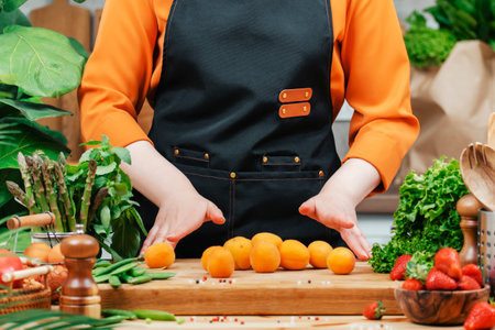 skilled chef sorts fresh fruits and vegetables on a wooden cutting board in a well-equipped kitchen, promoting healthy vegan recipes.の写真素材