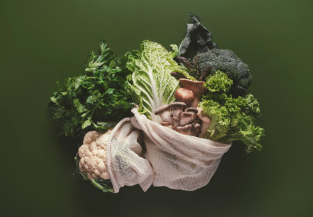 Collection of fresh vegetables and herbs sits in a reusable bag against a green background, showing healthy options for cooking nutritious meals.の写真素材