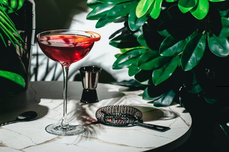 Hanky Panky cocktail served with an orange twist amidst lush green foliage in a stylish bar settingの写真素材
