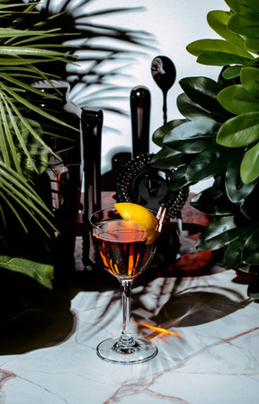 La Perla cocktail sits elegantly in a goblet, garnished with a lemon peel, amidst a chic lounge environment.の写真素材