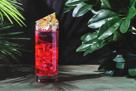 El Diablo cocktail, red mix of tequila, ginger beer, and lime juice, served over ice with green foliage.の写真素材