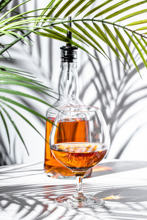 Elegant glass of amber cognac beside a bottle against tropical foliage casting shadows in a stylish settingの写真素材