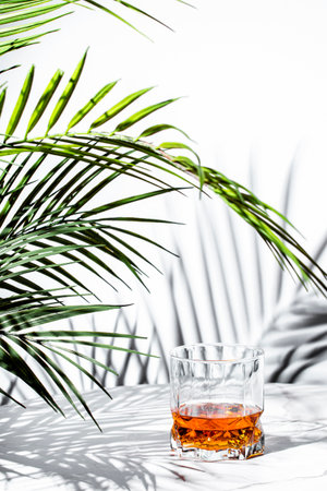 Enjoying rich flavors of scotch whiskey surrounded by refreshing palm leaves in a bright, natural settingの写真素材