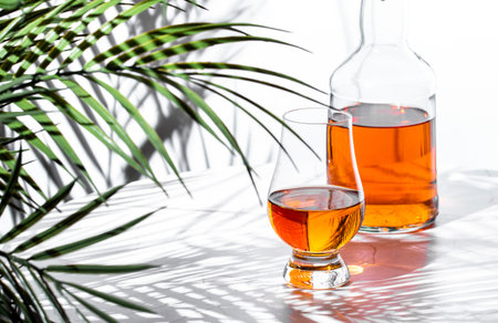 Single malt scotch whiskey in glencairn glass beside an elegant bottle, shadows from the plant adding natural beauty in soft sunlight.の写真素材