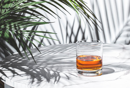 glass of amber scotch whiskey on marble surface, casting shadows alongside vibrant green leaves in a bright setting.の写真素材