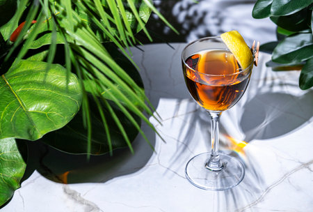 Strong alcoholic cocktail drink with tequila, manzanilla sherry, liqueur, lemon twistの写真素材