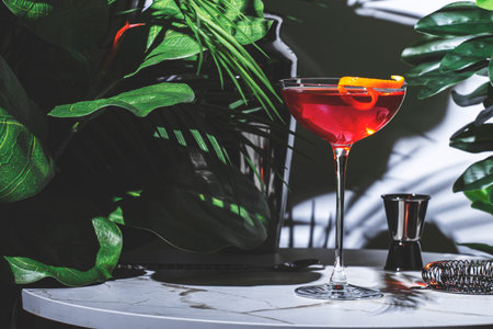 Elegant red cocktail with gin and vermouth garnished with orange twist served on a stylish table in a lush lounge settingの写真素材