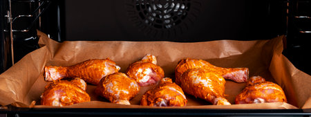 Raw chicken drumsticks in smoked paprika, spices, oil marinade, on a baking sheet in the oven, top viewの写真素材