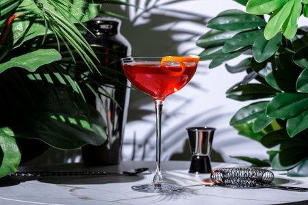 Refreshing Hanky Panky cocktail served in a classic coupe glass with a twist of orangeの写真素材