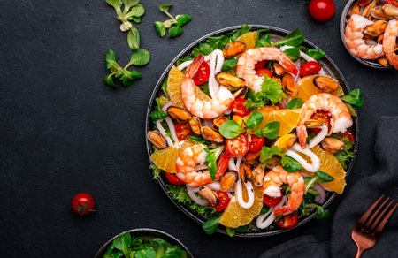 Delicious seafood salad with shrimp, mussels, squid, oranges, lettuce and olive oil with lemon dressing, black background, top viewの写真素材