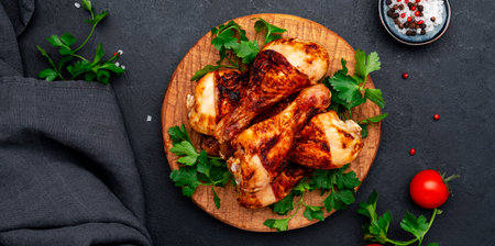 Baked chicken legs or stick drums in hot chili paprika pepper marinade on wooden serving board, black background, top viewの写真素材