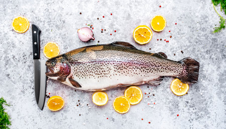 Fresh rainbow trout with lemon, dill, salt and spices on gray table background, ready for cooking,...