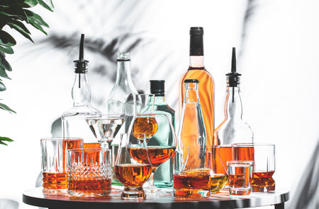 Different types of strong alcoholic drinks are presented on a table, showcasing a variety of glasses...