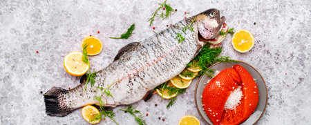 Gutted and cleaned raw trout and fresh red caviar with lemon, dill, salt and spices on gray table...