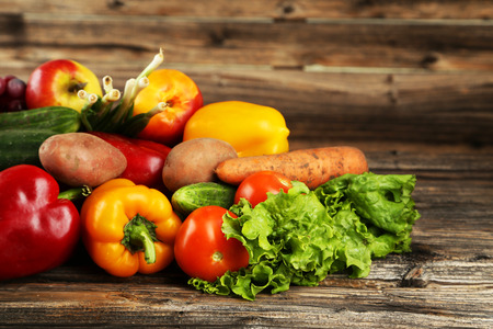 Vegetable on brown wooden backgroundの写真素材