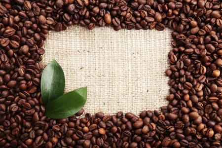 Coffee beans with leaves on burlap sackの写真素材
