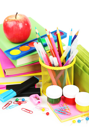 School supplies on white backgroundの写真素材