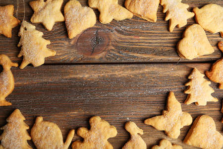 Cookies on brown wooden backgroundの写真素材