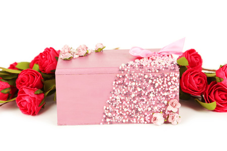 Beautiful casket with flowers on white backgroundの写真素材
