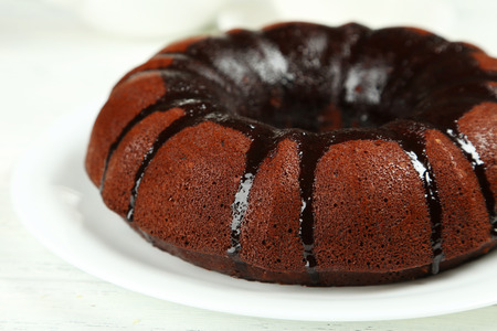 Chocolate pie on white plateの写真素材