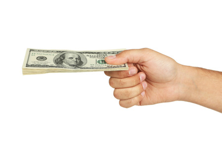 A Men hand holding hundred dollars bill on white backgroundの写真素材