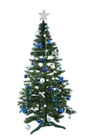 Decorated christmas tree isolated on whiteの写真素材