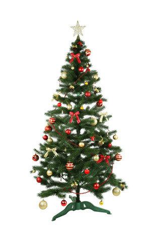 Decorated christmas tree isolated on whiteの写真素材