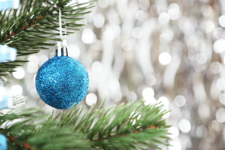 Christmas baubles on christmas treeの写真素材
