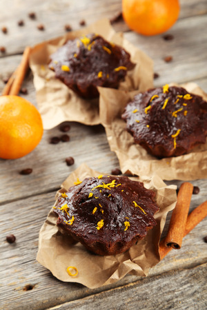 Chocolate cupcake on grey wooden backgroundの写真素材