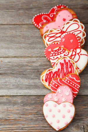 Heart cookies on grey wooden backgroundの写真素材